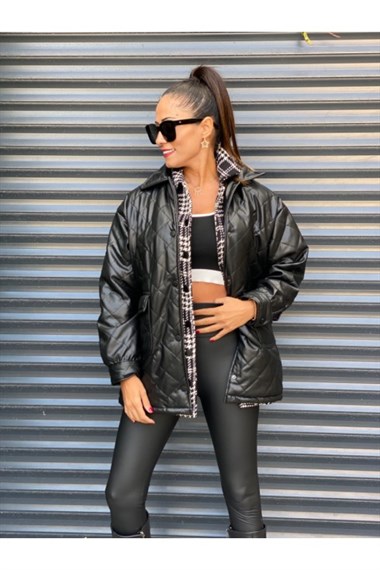 Siyah Kapitone Deri Mont