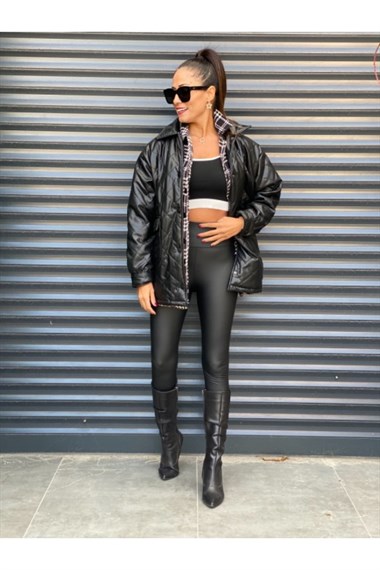 Siyah Kapitone Deri Mont