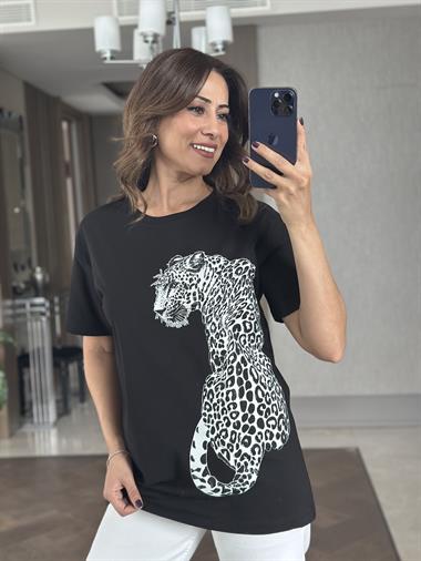 Siyah Kaplan Taş Baskılı Bisiklet Yaka Kadın T-Shirt
