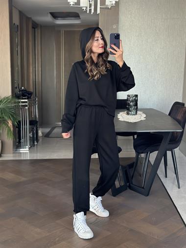Siyah Kapüşonlu Modal Kadın İkili Takım