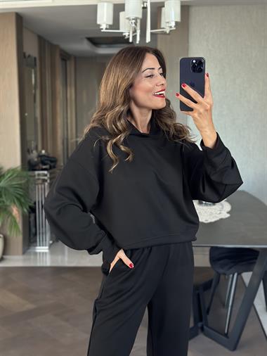 Siyah Kapüşonlu Modal Kadın İkili Takım