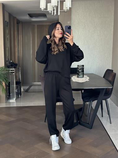 Siyah Kapüşonlu Modal Kadın İkili Takım