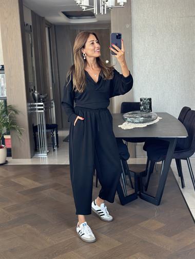 Siyah Kapüşonlu Sweat Düz Paça Pantolon Kadın İkili Takım