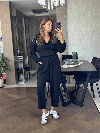Siyah Kapüşonlu Sweat Düz Paça Pantolon Kadın İkili Takım