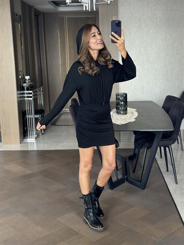 Siyah Kapüşonlu Tek Taraf Drapeli Sweat Kadın Elbise