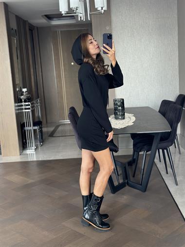 Siyah Kapüşonlu Tek Taraf Drapeli Sweat Kadın Elbise