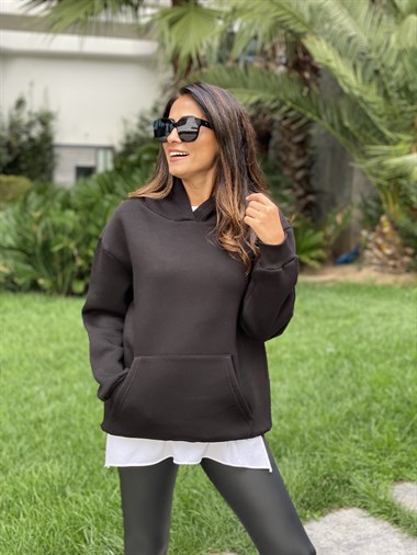 Siyah Kapüşonlu Üç İplik Kanguru Cep Kadın Sweatshirt