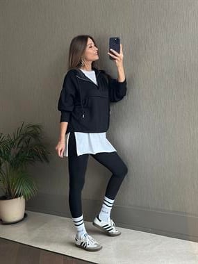 Siyah Kapüşonlu Yarım Fermuarlı Kanguru Cep Modal Kadın Sweatshirt