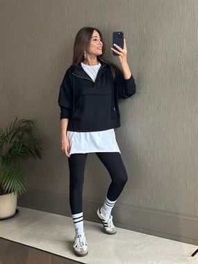 Siyah Kapüşonlu Yarım Fermuarlı Kanguru Cep Modal Kadın Sweatshirt