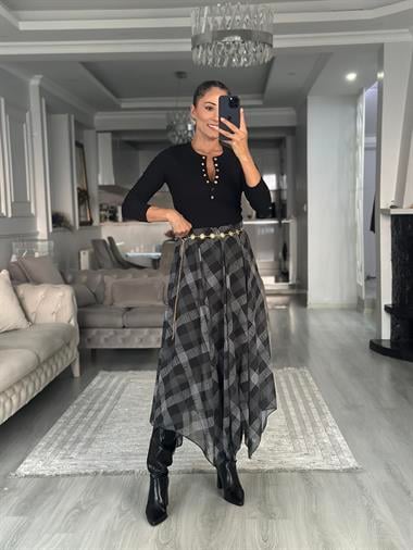 Siyah Kare Desenli Asimetrik Midi Boy Kadın Şifon Etek