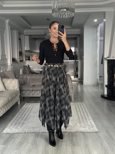 Siyah Kare Desenli Asimetrik Midi Boy Kadın Şifon Etek