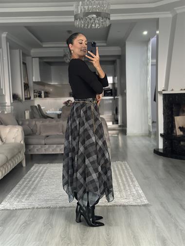 Siyah Kare Desenli Asimetrik Midi Boy Kadın Şifon Etek