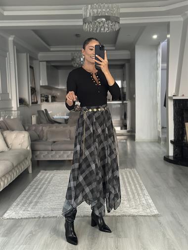 Siyah Kare Desenli Asimetrik Midi Boy Kadın Şifon Etek