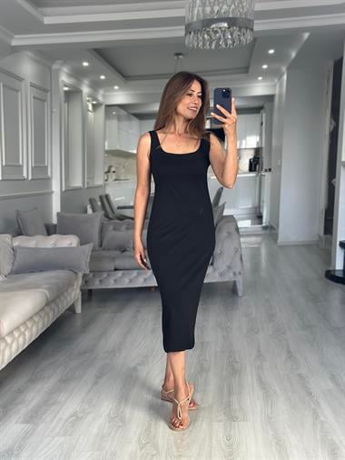Siyah Kare Yaka Düz Basic Midi Boy Kadın Elbise 