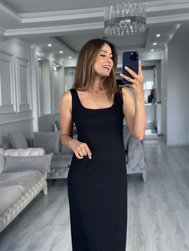 Siyah Kare Yaka Düz Basic Midi Boy Kadın Elbise 