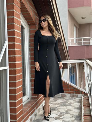 Siyah Kare Yaka Gold Düğmeli Kadın Elbise
