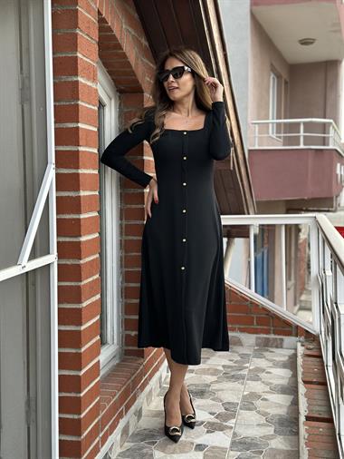 Siyah Kare Yaka Gold Düğmeli Kadın Elbise