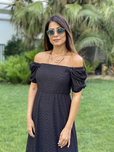 Siyah Kare Yaka Kısa Kol Örme Brode Kadın Elbise