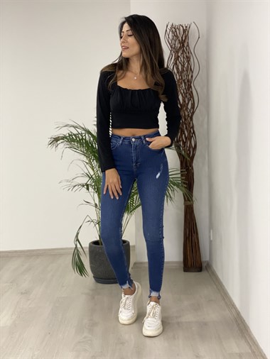 Siyah Kare Yaka Önü Drapeli Crop Kadın Bluz