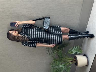 Siyah Kareli Tüvit Polo Yaka Kısa Kol Üç Düğmeli Kadın Mini Elbise