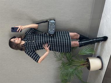 Siyah Kareli Tüvit Polo Yaka Kısa Kol Üç Düğmeli Kadın Mini Elbise