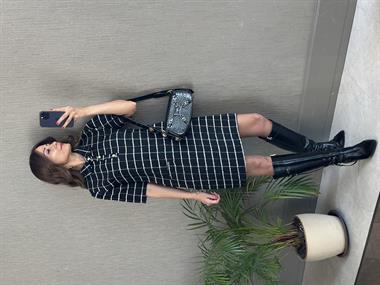 Siyah Kareli Tüvit Polo Yaka Kısa Kol Üç Düğmeli Kadın Mini Elbise