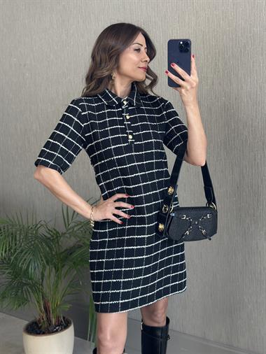 Siyah Kareli Tüvit Polo Yaka Kısa Kol Üç Düğmeli Kadın Mini Elbise