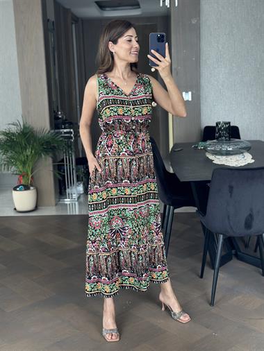 Siyah Karışık Desenli V Yaka Yırtmaçlı Bel Bağcıklı Kadın Elbise