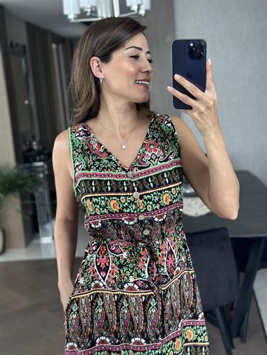 Siyah Karışık Desenli V Yaka Yırtmaçlı Bel Bağcıklı Kadın Elbise