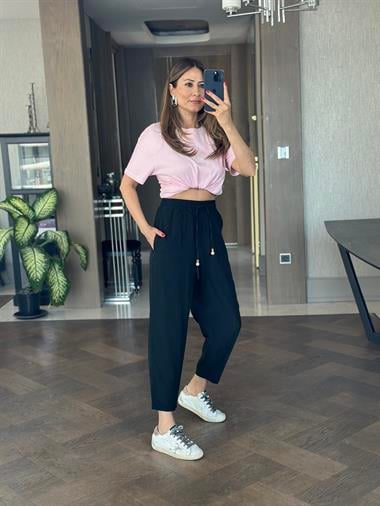 Siyah Bağcığı Boncuklu Dikiş Detay Kadın Pantolon