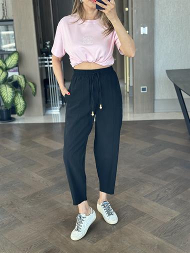 Siyah Bağcığı Boncuklu Dikiş Detay Kadın Pantolon