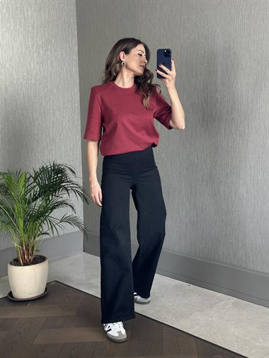 Siyah Karol Beli Lastikli Streç Palazzo Kadın Jean Pantolon