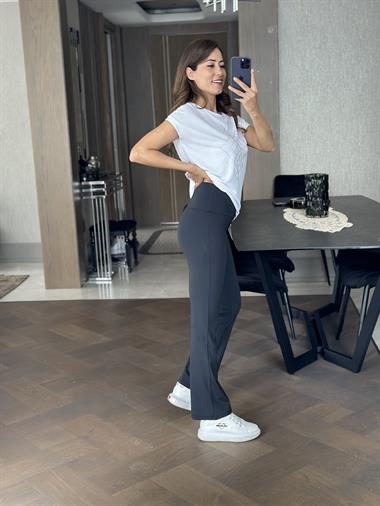 Siyah Karol Kalın Kemerli Geniş Paça Kadın Tayt