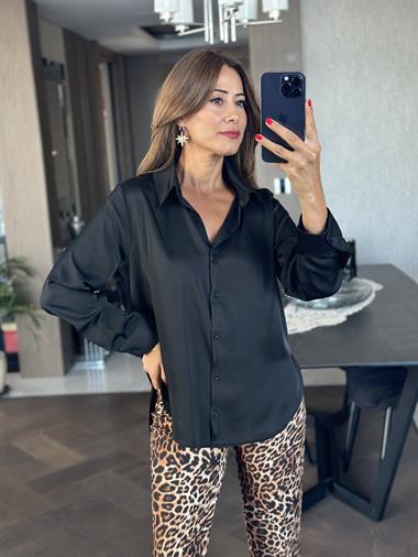 Siyah Karol Uzun Kol Saten Kadın Gömlek