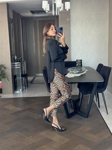 Siyah Karol Uzun Kol Saten Kadın Gömlek