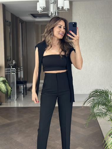 Siyah Karol Yüksek Bel Önü Flatolu Kadın Kumaş Pantolon