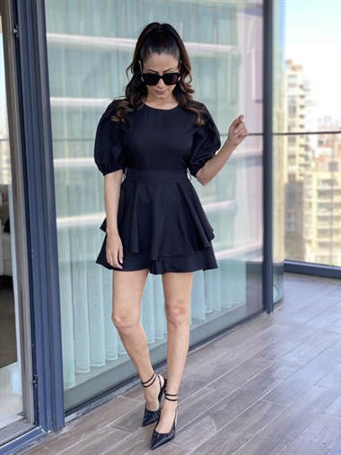 Siyah Karpuz Kol Kuşaklı Şort Etek Elbise