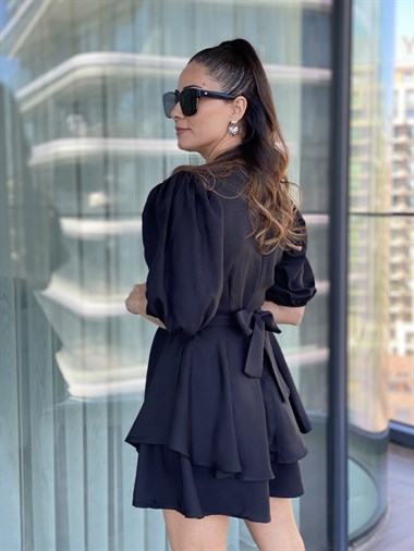 Siyah Karpuz Kol Kuşaklı Şort Etek Elbise