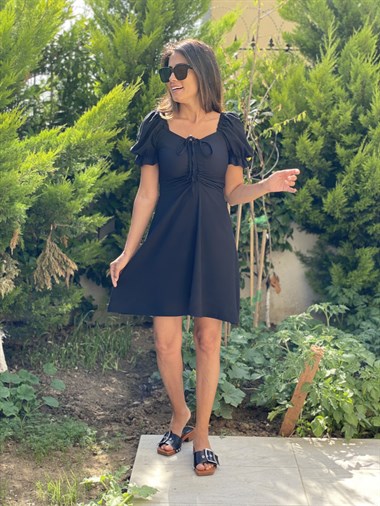 Siyah Karpuz Kol Önü Asansörlü Kadın Elbise