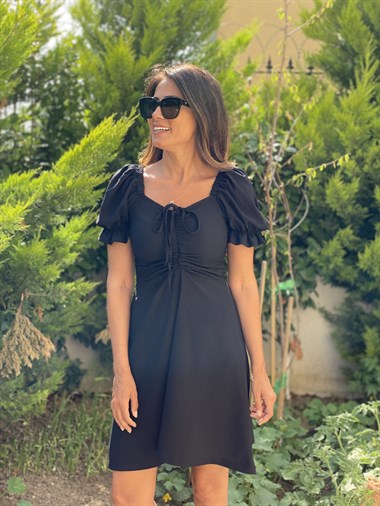 Siyah Karpuz Kol Önü Asansörlü Kadın Elbise