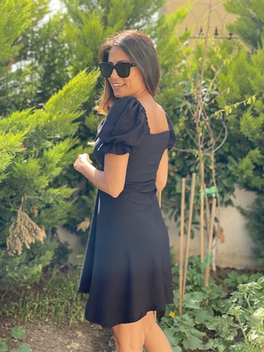 Siyah Karpuz Kol Önü Asansörlü Kadın Elbise