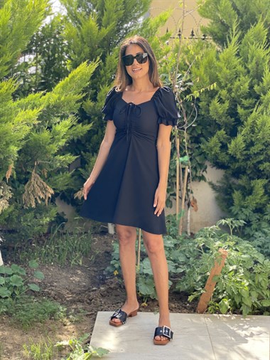 Siyah Karpuz Kol Önü Asansörlü Kadın Elbise