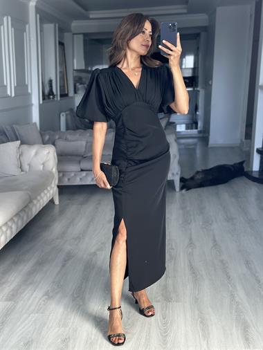 Siyah Karpuz Kol Vatkalı Drape Detaylı Midi Boy Kadın Elbise