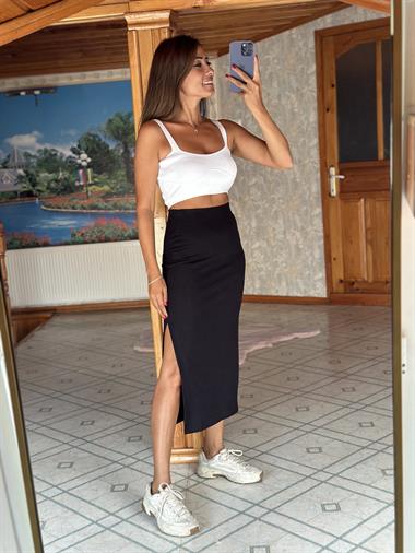 Siyah Kaşkorse Beli Lastikli Yırtmaçlı Kadın Etek