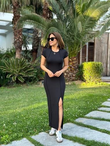 Siyah Kaşkorse Kısa Kol Bisiklet Yaka Dikiş Detay Yırtmaçlı Kadın Elbise 