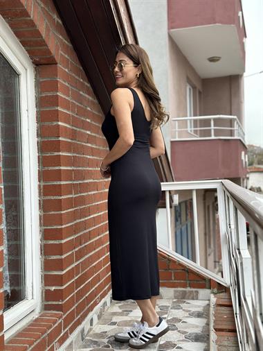 Siyah Kaşkorse Ön  Arka  V Yaka Kadın Elbise 