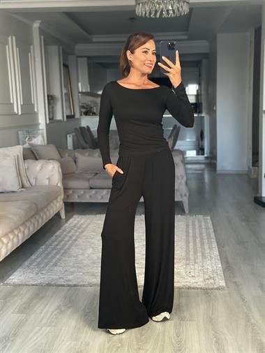 Siyah Kayık Yaka Bluz Geniş Paça Pantolon Kadın Alt Üst Takım