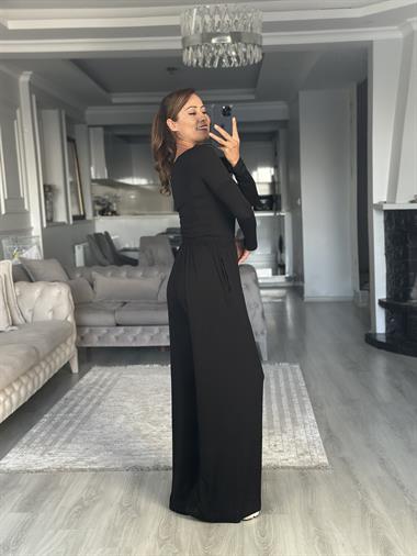 Siyah Kayık Yaka Bluz Geniş Paça Pantolon Kadın Alt Üst Takım