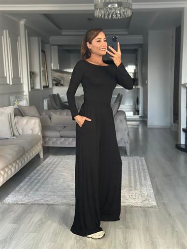 Siyah Kayık Yaka Bluz Geniş Paça Pantolon Kadın Alt Üst Takım