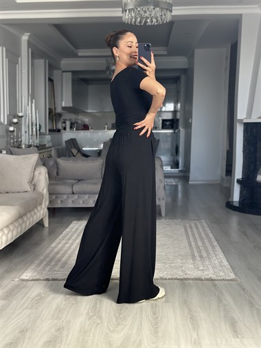 Siyah Kayık Yaka Kısa Kollu Body Pantolon Kadın İkili Takım